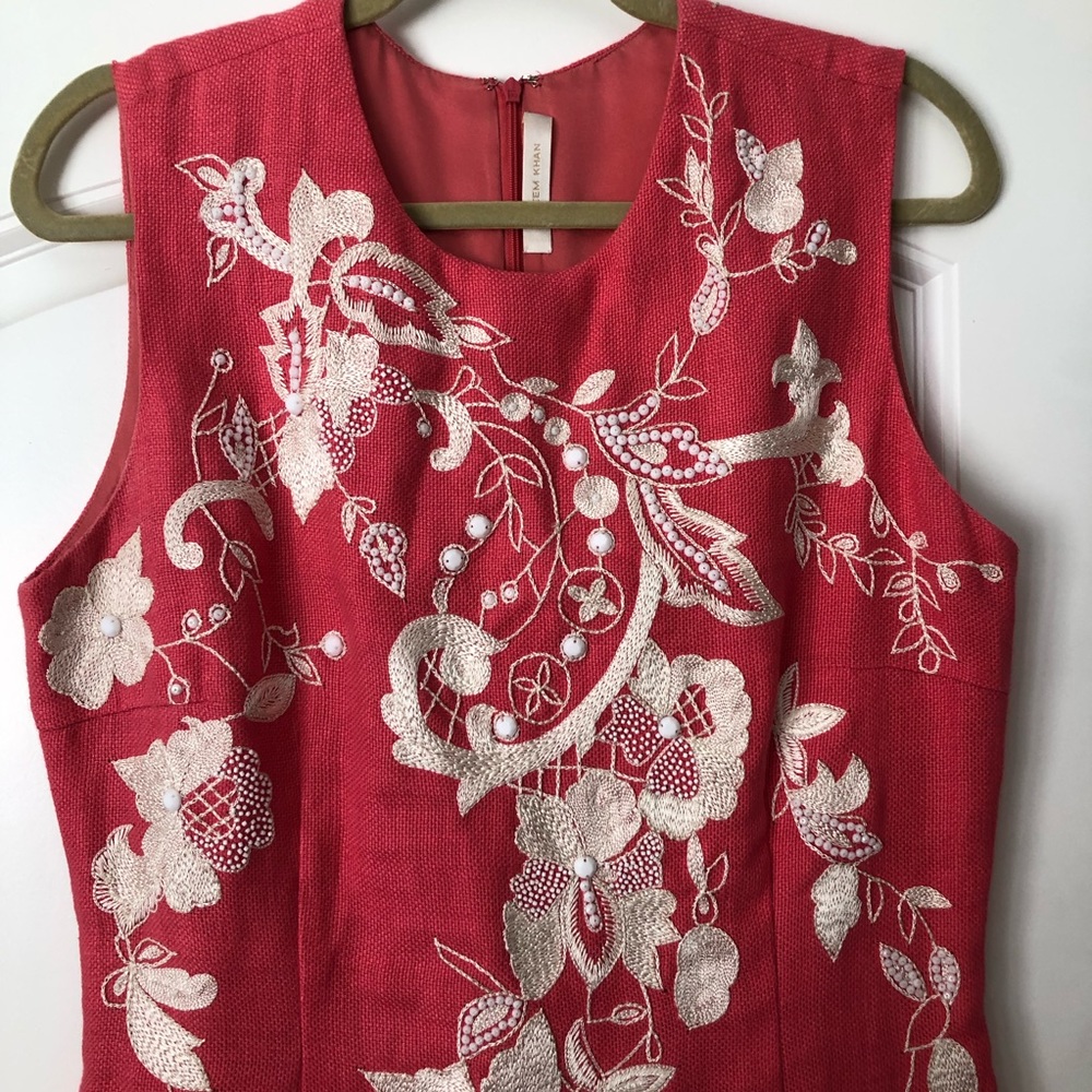Naeem Khan Floral Applique Beaded Linen Dress